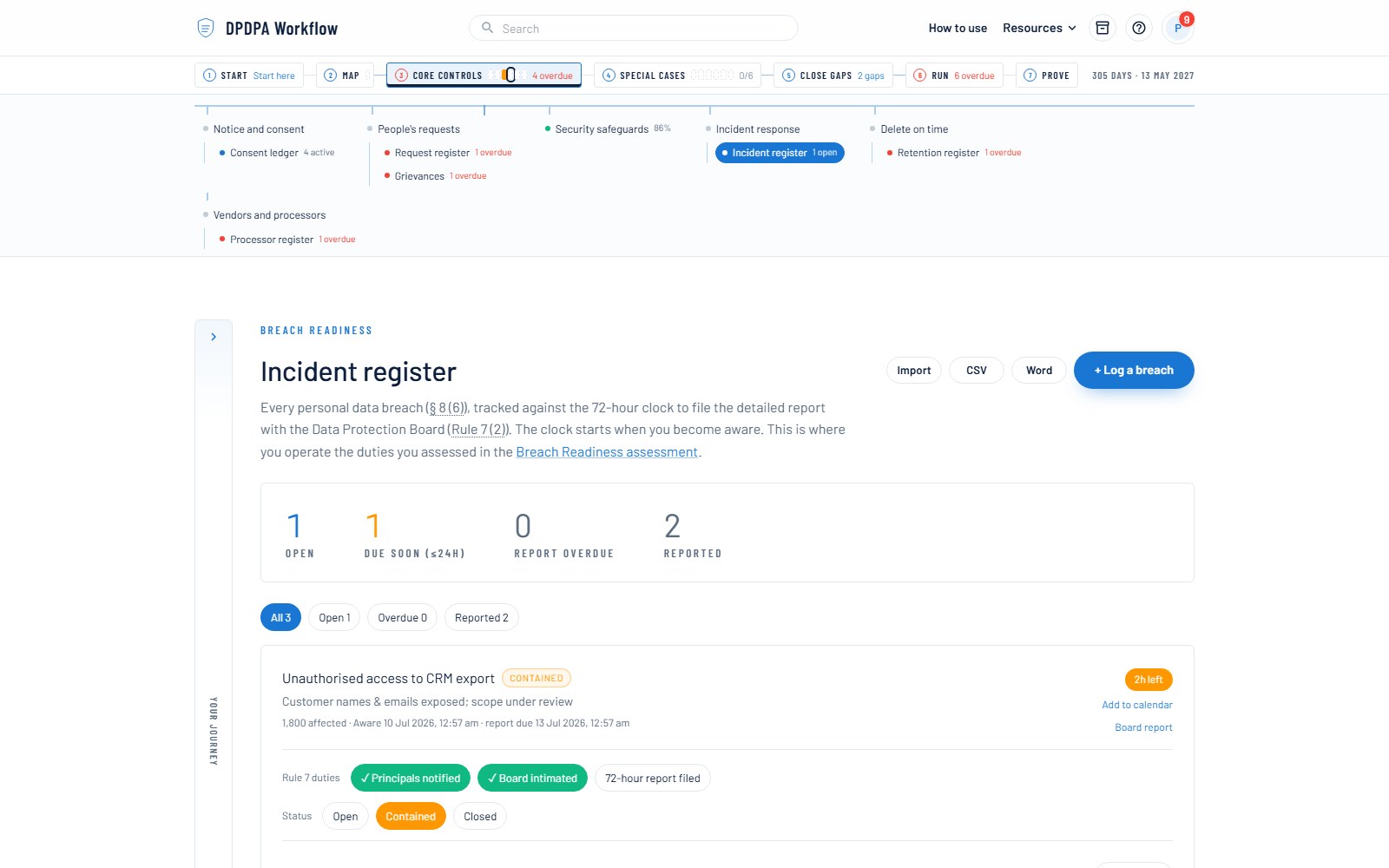 Breach incident register — screenshot
