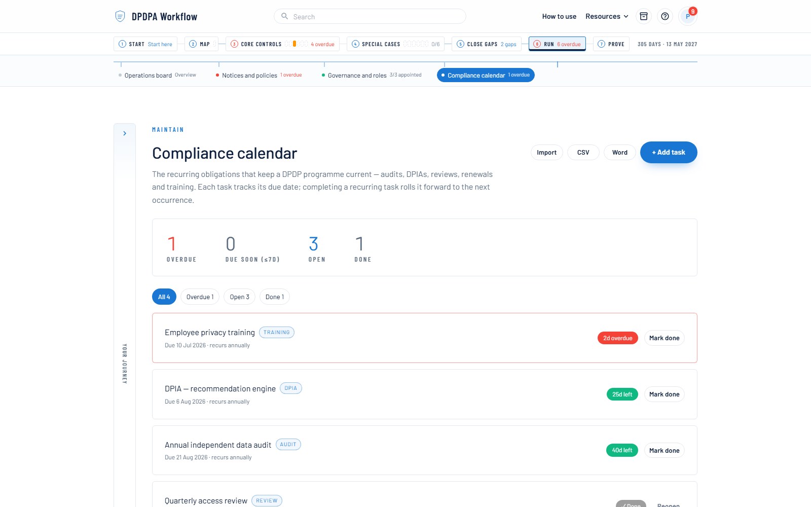 Compliance calendar — screenshot