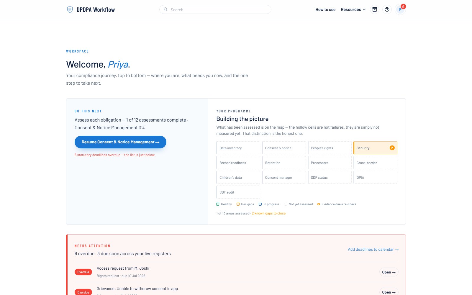 Your compliance workspace — screenshot