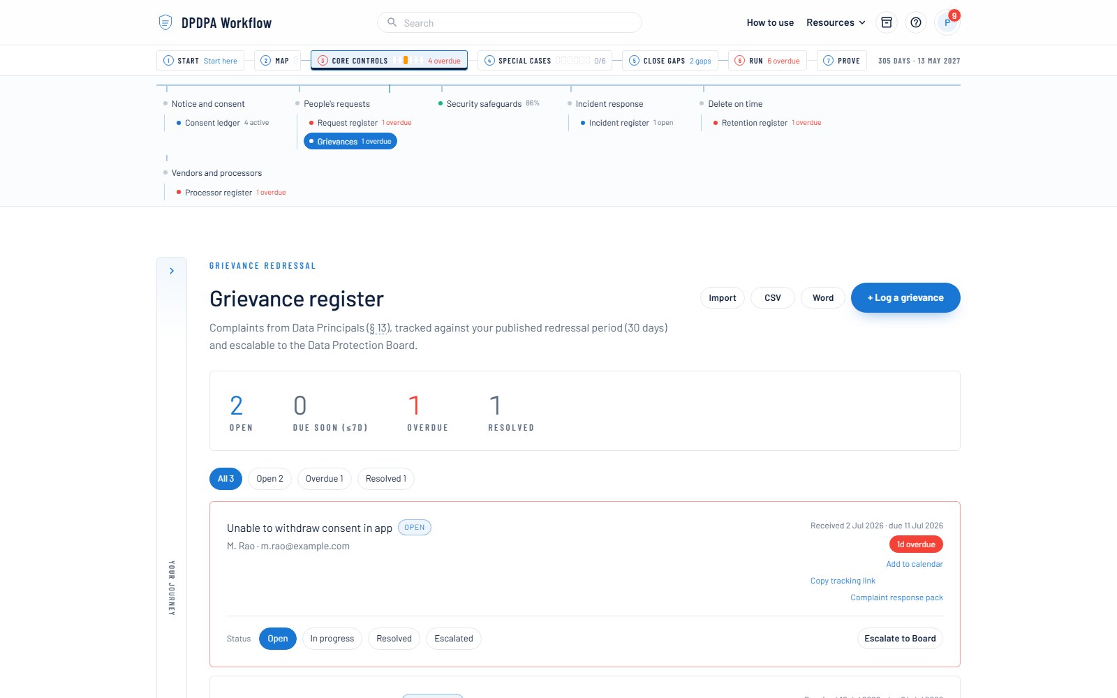 Grievance register — screenshot