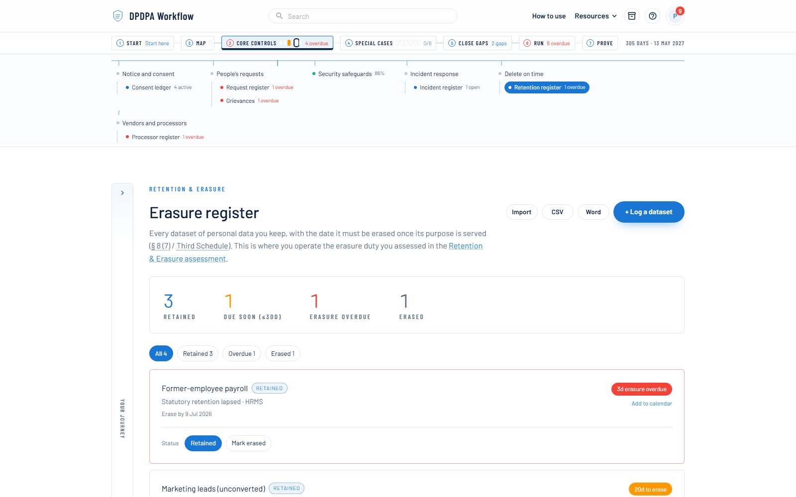 Retention & erasure register — screenshot