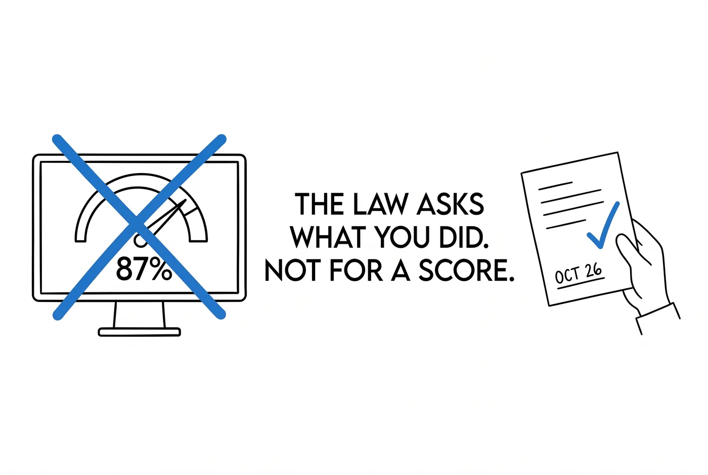 On the left, a monitor showing a gauge and the number 87%, cancelled by a thick blue cross. On the right, a dated sheet of paper with a blue tick. Lettered between them: the law asks what you did, not for a score.