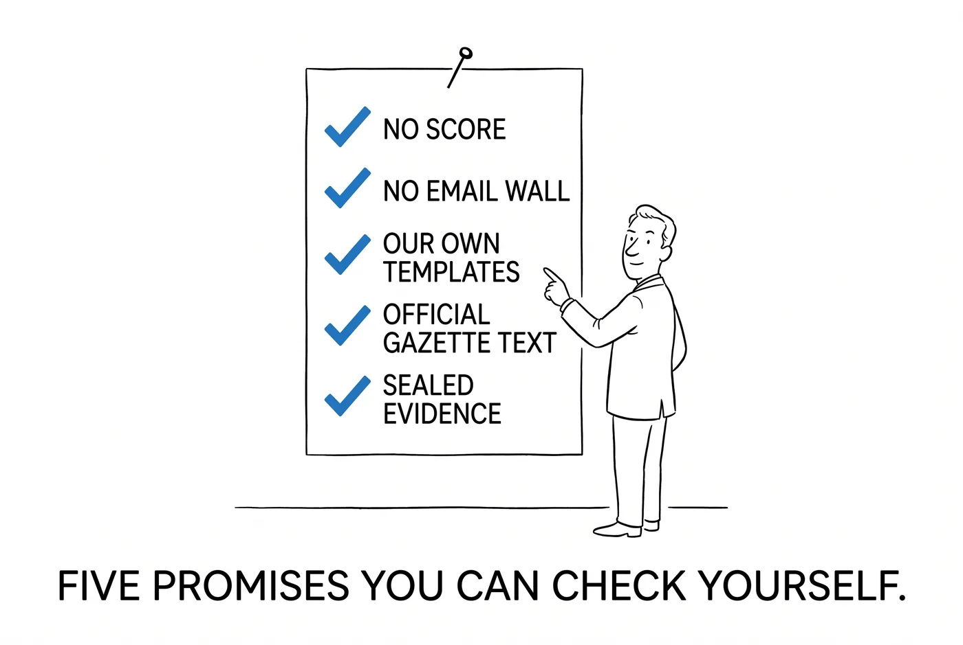 A checklist pinned to a wall with five blue ticks reading no score, no email wall, our own templates, official gazette text, sealed evidence. A person points at it. Lettered across the panel: five promises you can check yourself.