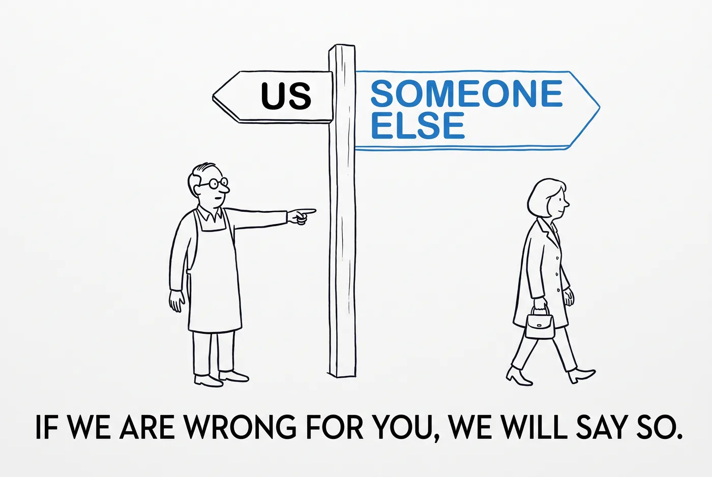 A signpost with two arms: us pointing left, and someone else pointing right in blue. A shopkeeper points the customer along the blue arm. Lettered across the panel: if we are wrong for you, we will say so.
