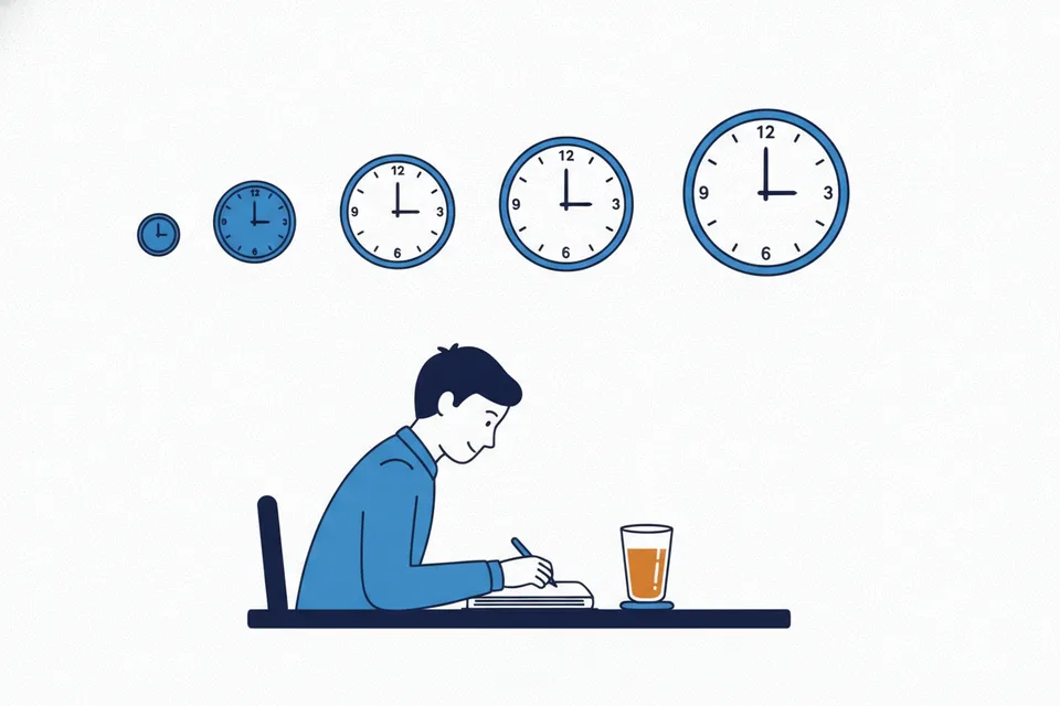 Five wall clocks of increasing size above a desk where a person calmly writes in a ledger