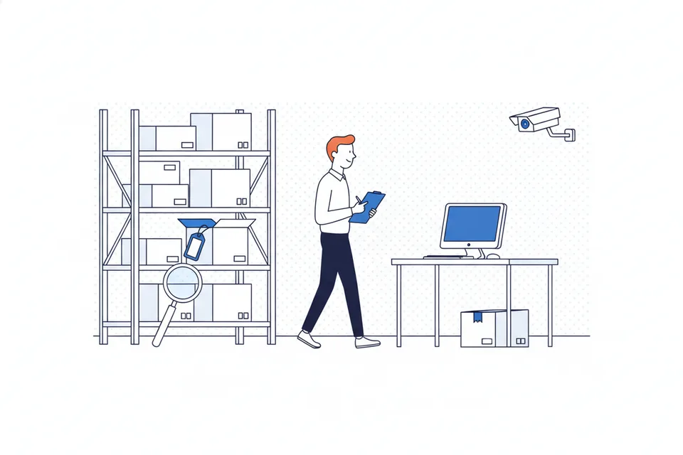 A person with a clipboard walking past shelves of boxes, one open with a blue tag, a computer and a CCTV camera