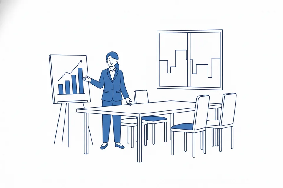A calm boardroom: a woman presents a simple ascending bar chart on an easel beside a long table