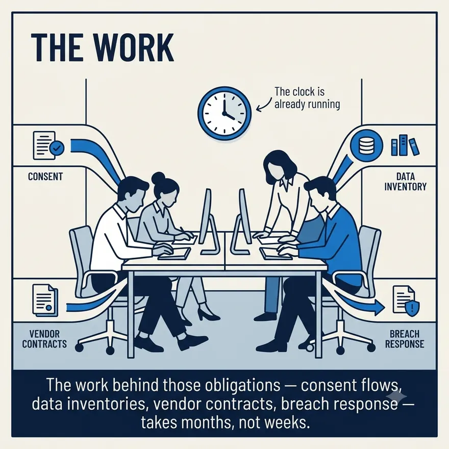 The work — consent flows, data inventories, vendor contracts, breach response. It takes months, not weeks, and the clock is already running.